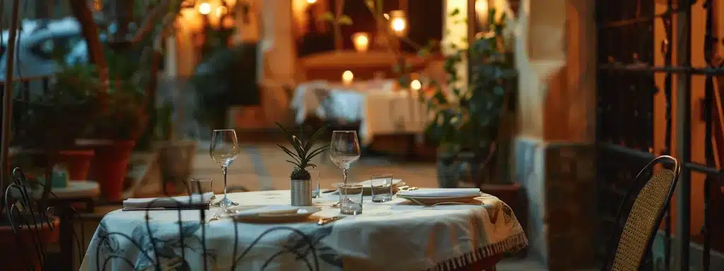 una acogedora y elegante mesa de restaurante en el corazón de valencia, dispuesta para una cena libanesa, con un ambiente iluminado y acogedor que invita a disfrutar de una experiencia gastronómica sencilla y placentera.